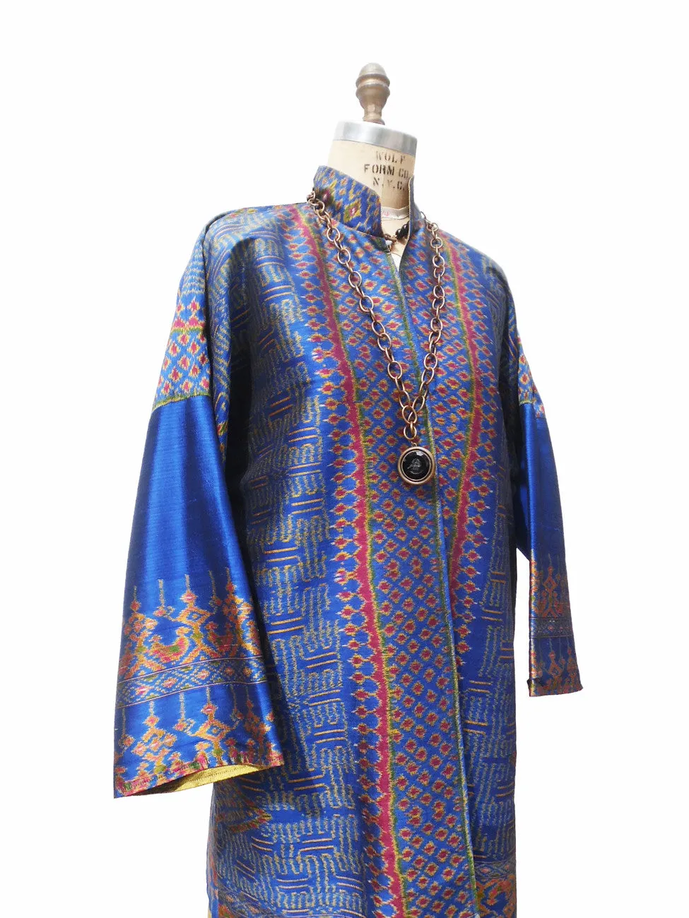 Reversible Silk Ikat Cocktail Coat Gold Royal Blue