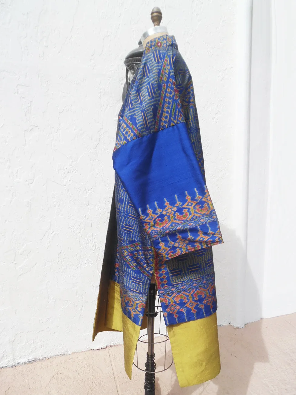 Reversible Silk Ikat Cocktail Coat Gold Royal Blue