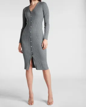 Ribbed Jewel Button Front Midi Sweater Dress in New Medium Heather