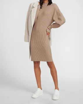 Ribbed Mock Neck Balloon Sleeve Sweater Dress in Beige