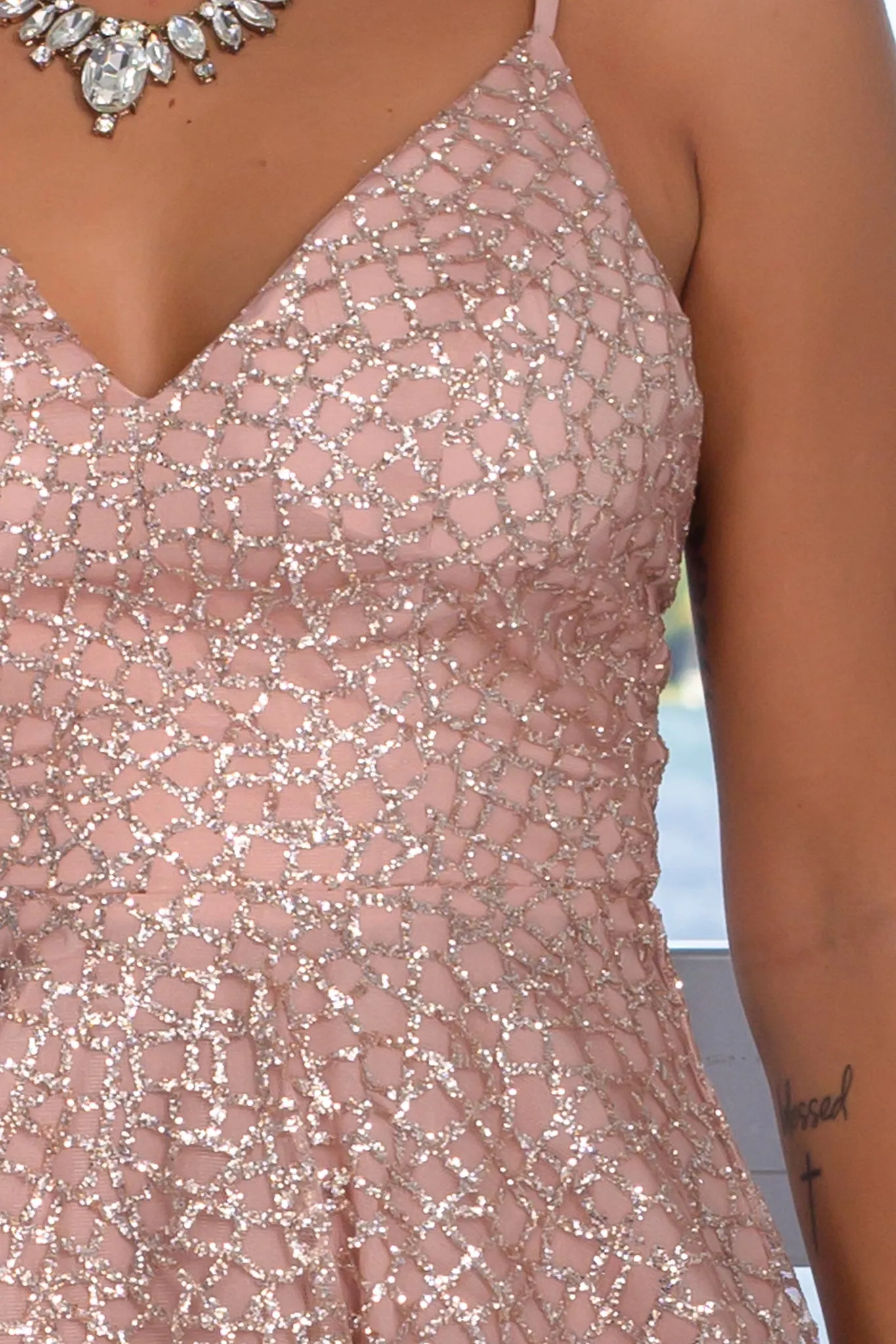 Rose Gold Glitter V-Neck Short Dress