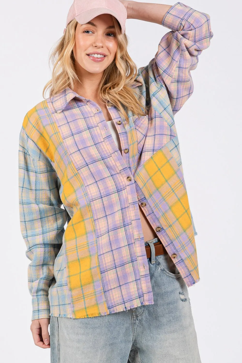 SAGE   FIG Button Up Raw Hem  Plaid Flannel Shirt