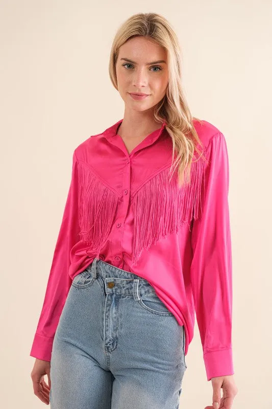 Satin Shirt Blouse with Chevron Fringe