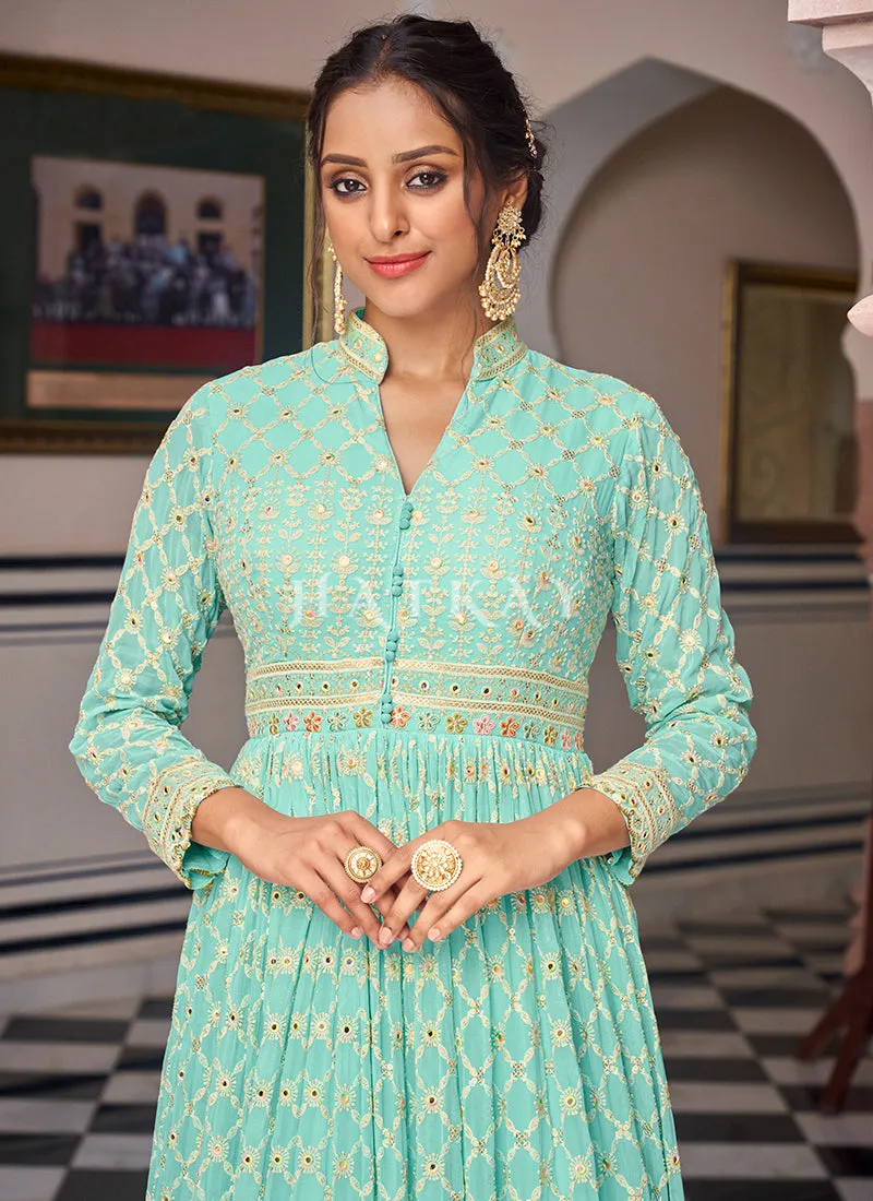 Sea Green Mirror Work Embroidered Designer Anarkali Suit