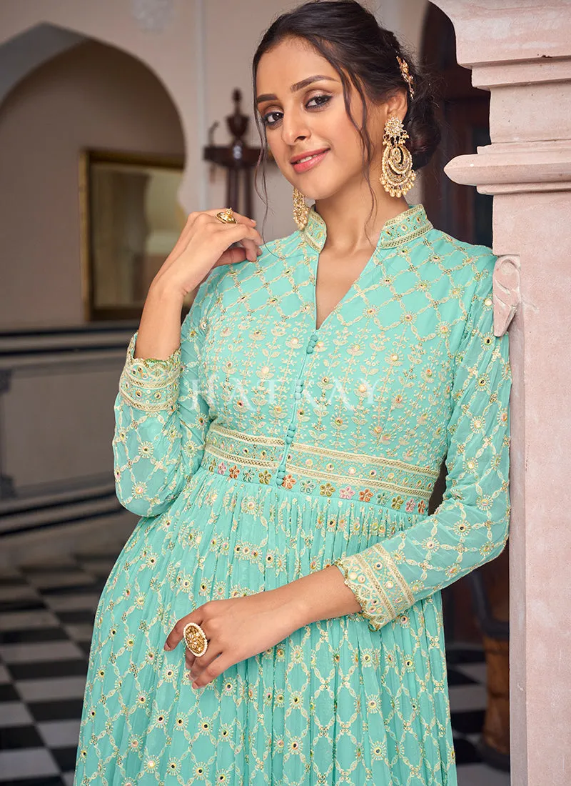 Sea Green Mirror Work Embroidered Designer Anarkali Suit