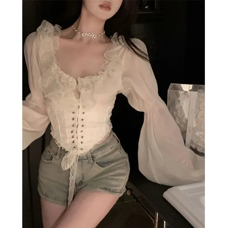 Sexy Elegant Lace Blouses Women Cropped Puff Sleeve Tunic Shirts Sweet Fairycore Style Chiffon Shirts Korean Fashion