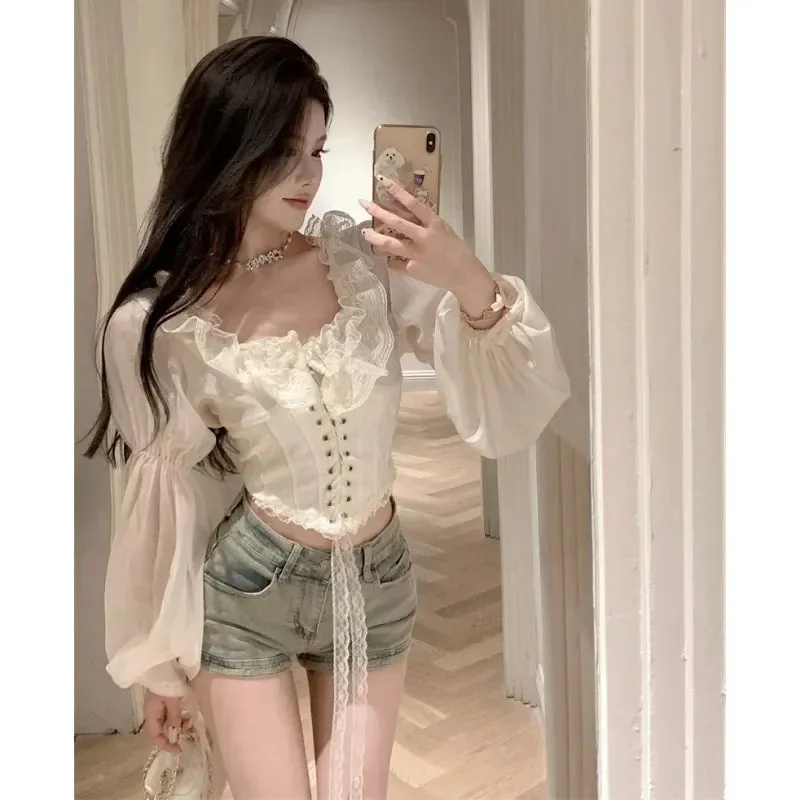 Sexy Elegant Lace Blouses Women Cropped Puff Sleeve Tunic Shirts Sweet Fairycore Style Chiffon Shirts Korean Fashion