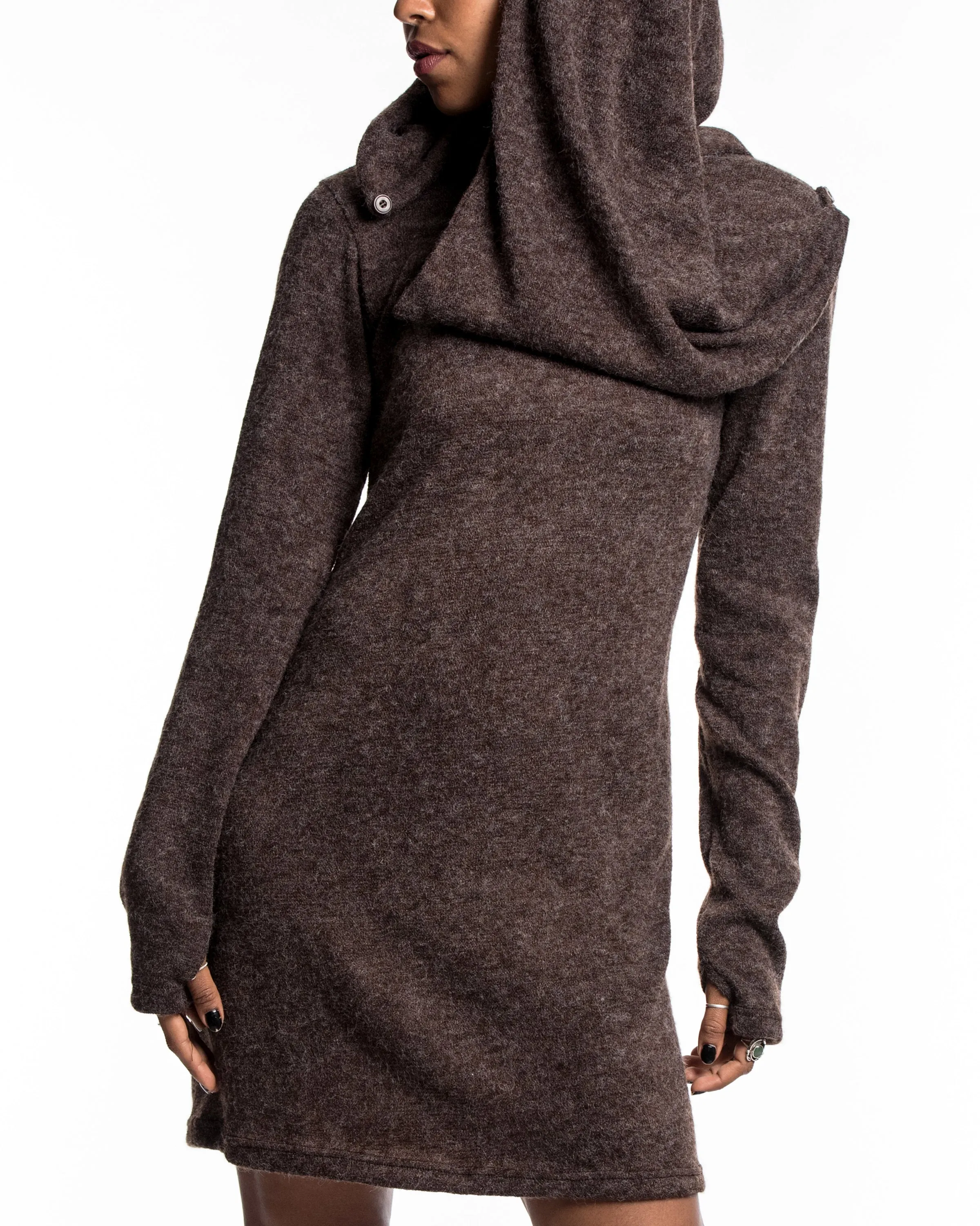 Shawl Hoodie Combo Sweater Dress in Brown