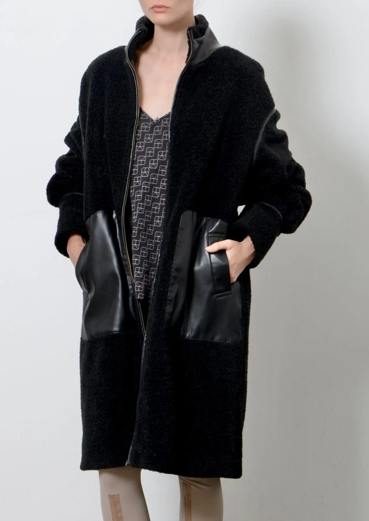 Shearling Coat with Vegan Leather Trim - TORRA