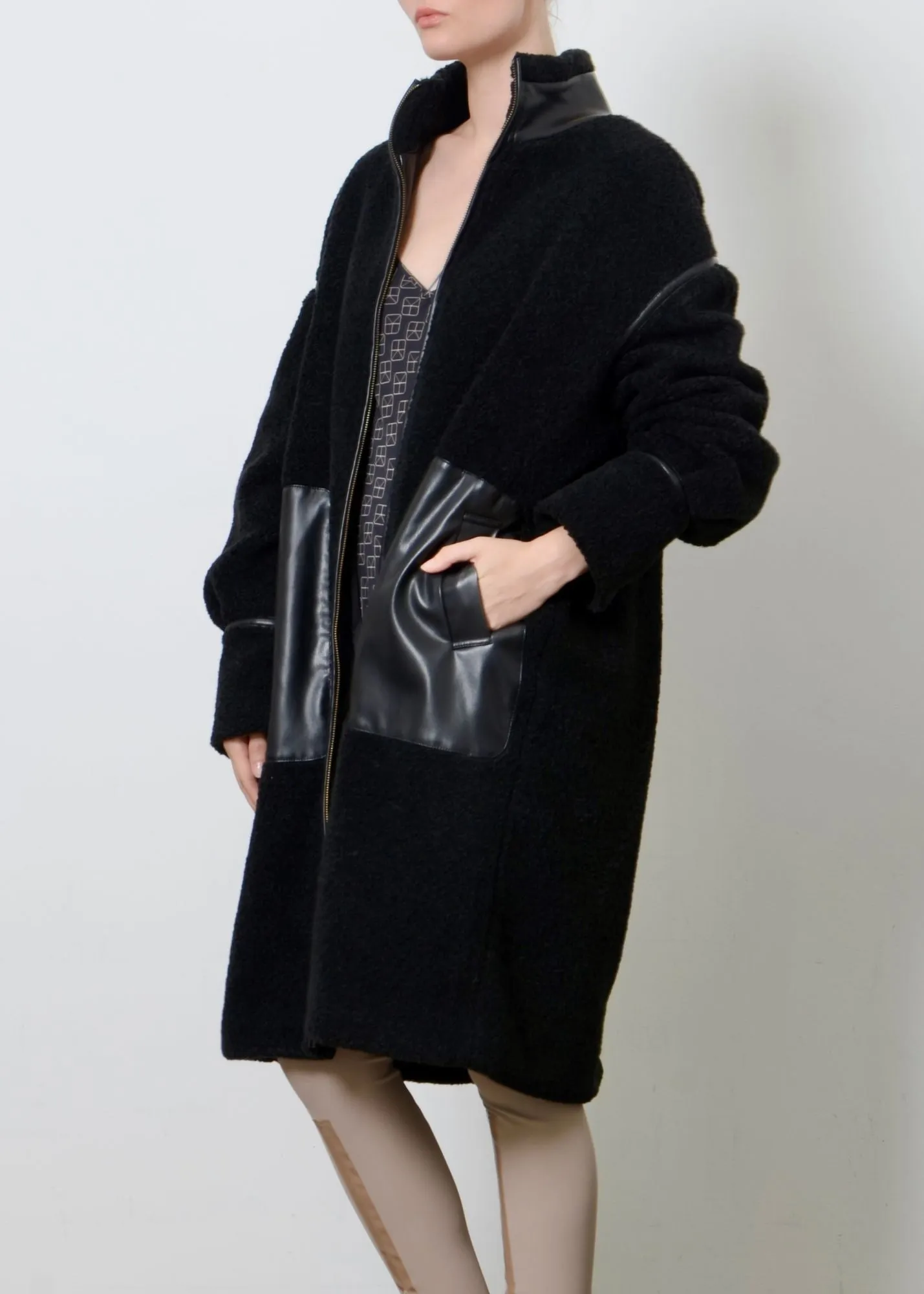 Shearling Coat with Vegan Leather Trim - TORRA