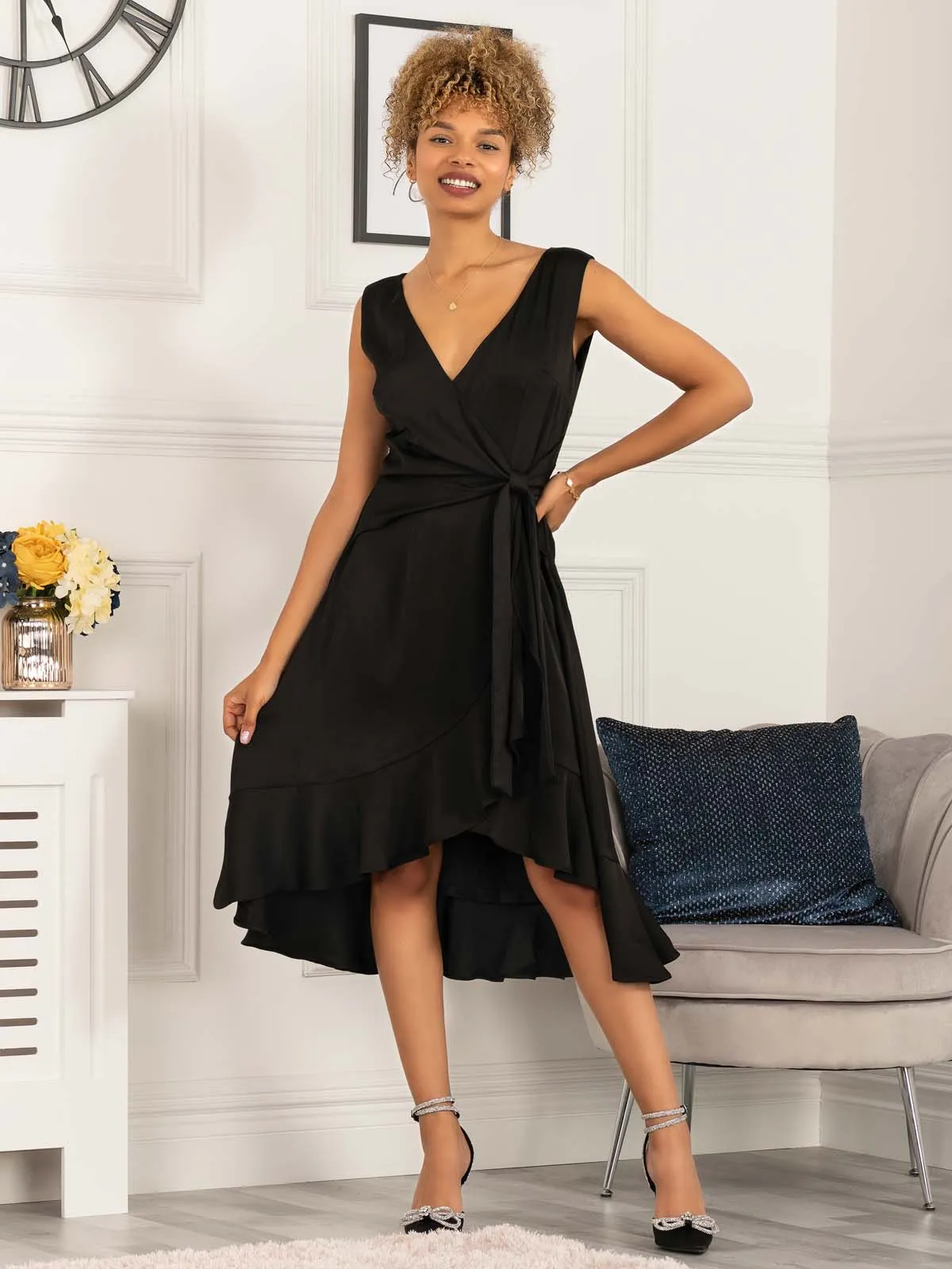 Sherlyn Wrap Flounce Hem Dress, Black