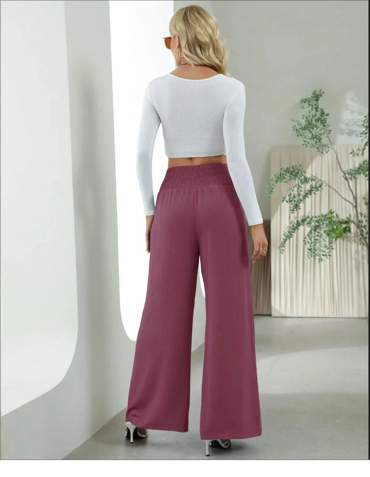 Shirred Elastic Waist High Waist Buttoned Wide Leg Pants