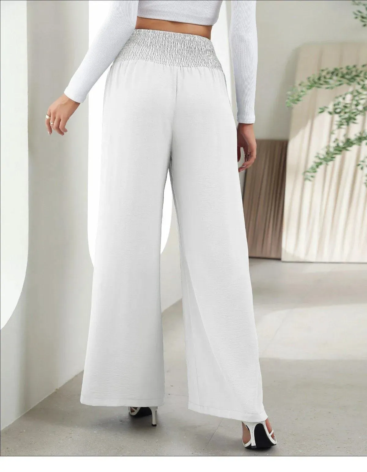 Shirred Elastic Waist High Waist Buttoned Wide Leg Pants