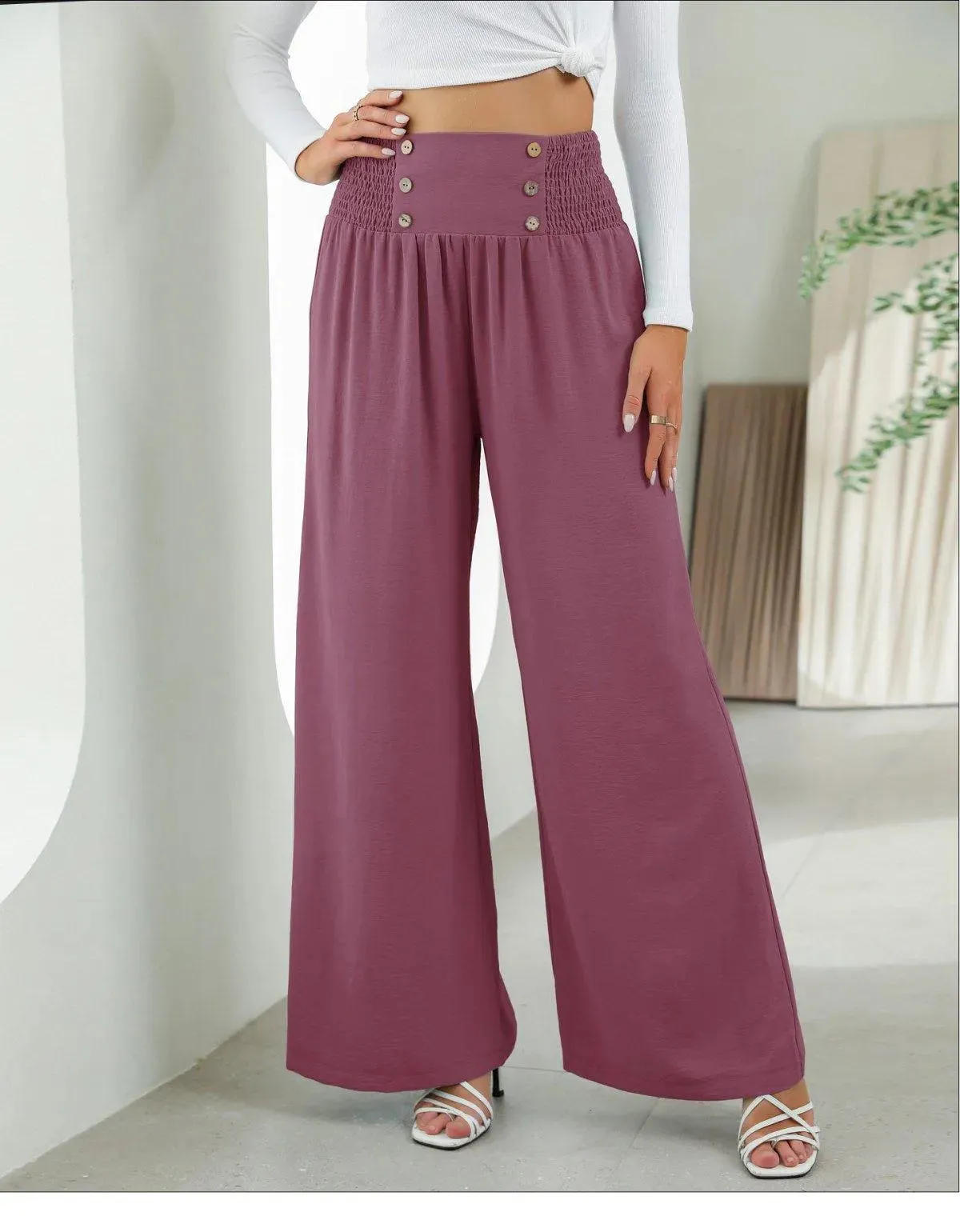 Shirred Elastic Waist High Waist Buttoned Wide Leg Pants