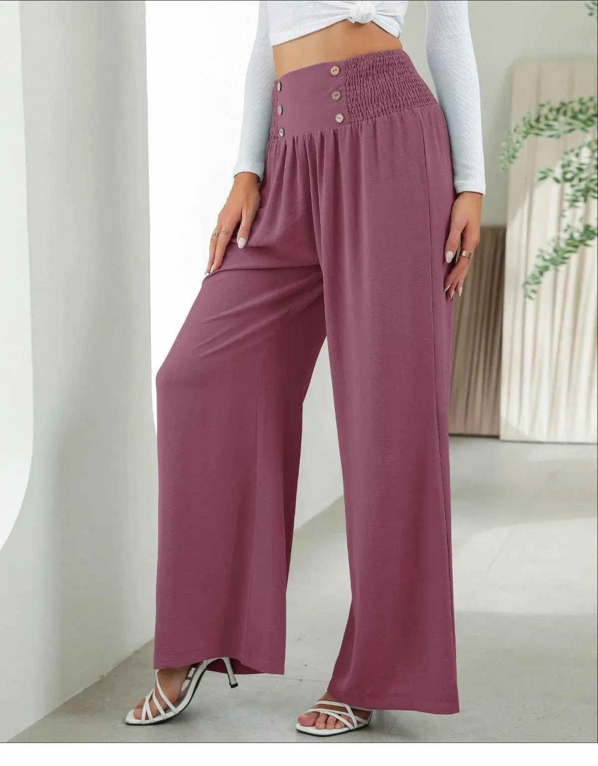 Shirred Elastic Waist High Waist Buttoned Wide Leg Pants