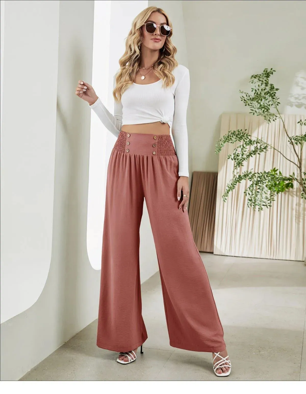 Shirred Elastic Waist High Waist Buttoned Wide Leg Pants