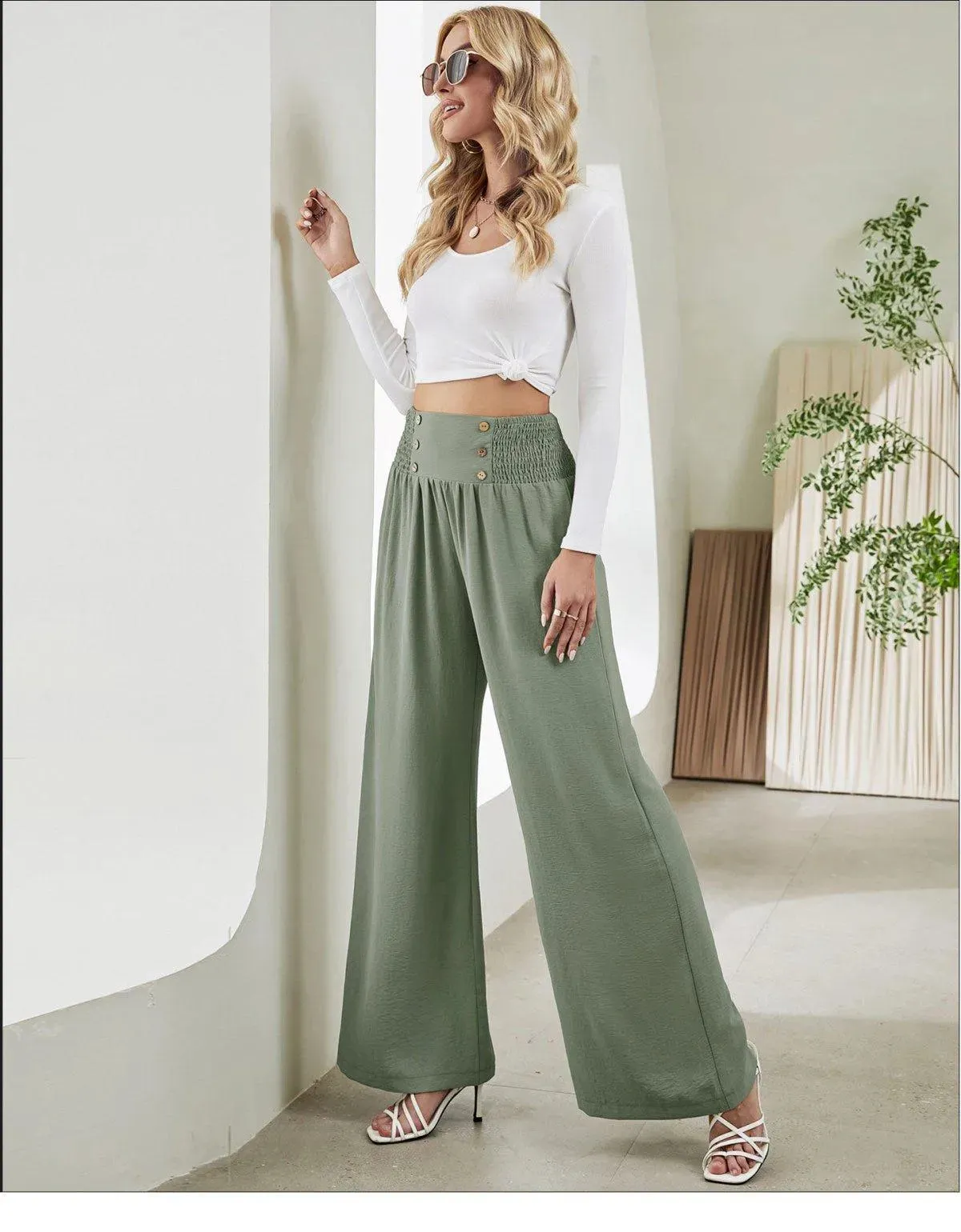 Shirred Elastic Waist High Waist Buttoned Wide Leg Pants