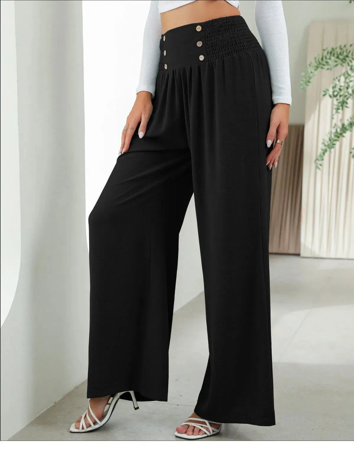 Shirred Elastic Waist High Waist Buttoned Wide Leg Pants