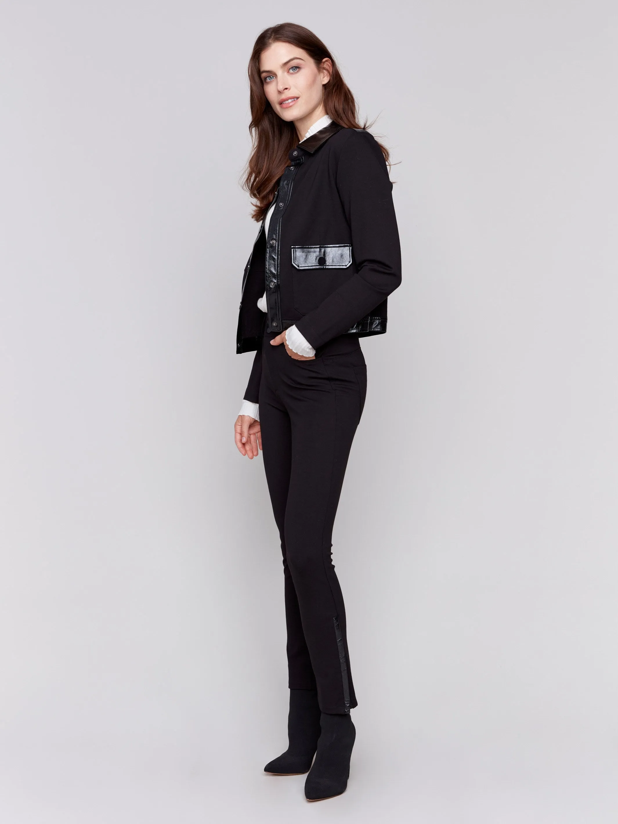 Short Ponte Knit Jacket with Vinyl Trim - Black