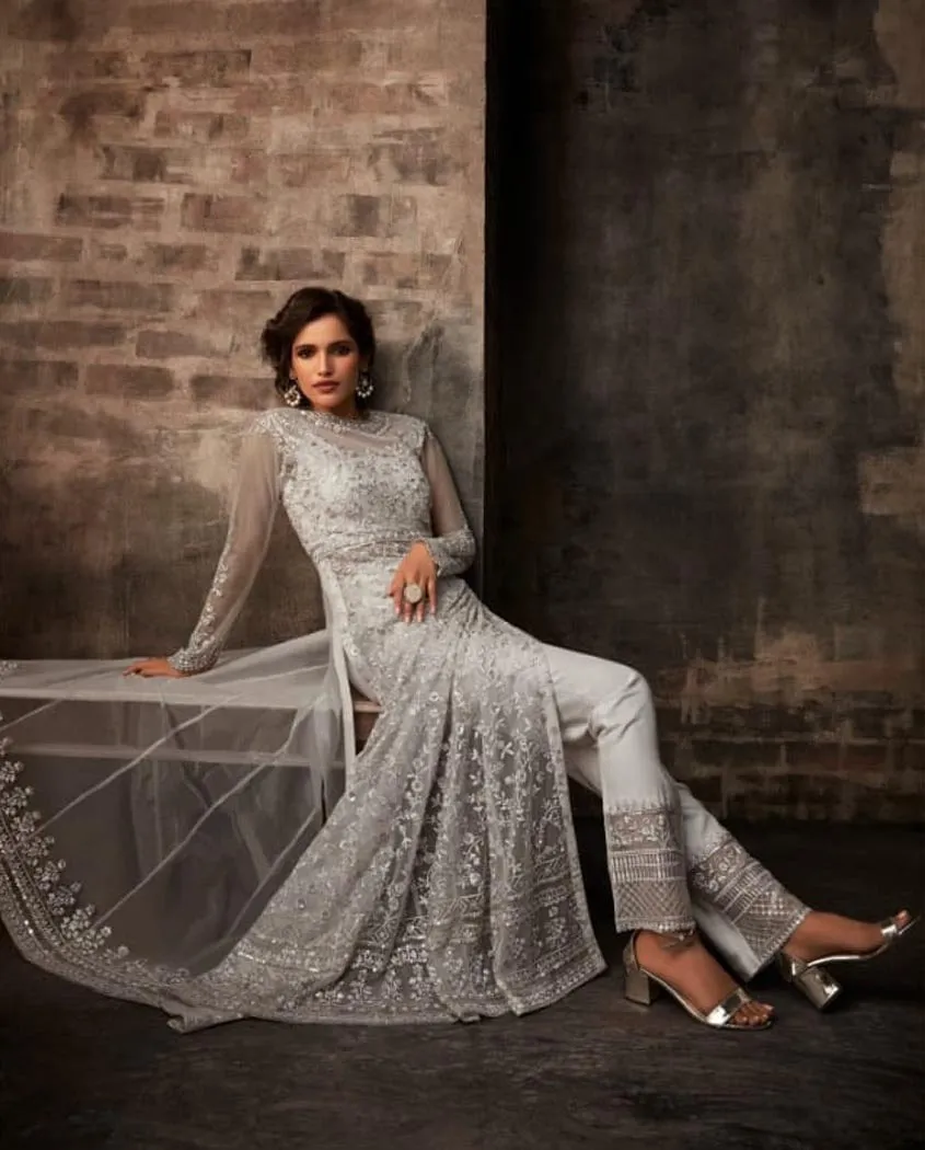 Silver Wedding Anarkali Lehenga/Pants Suit