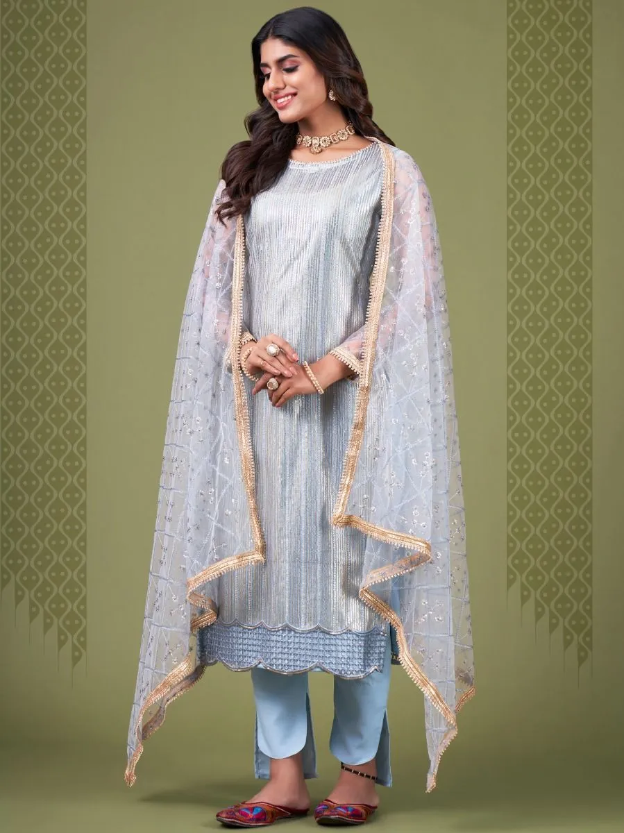 Sky Blue Net Embroidery & Lace Detailing Suit Set with Dupatta