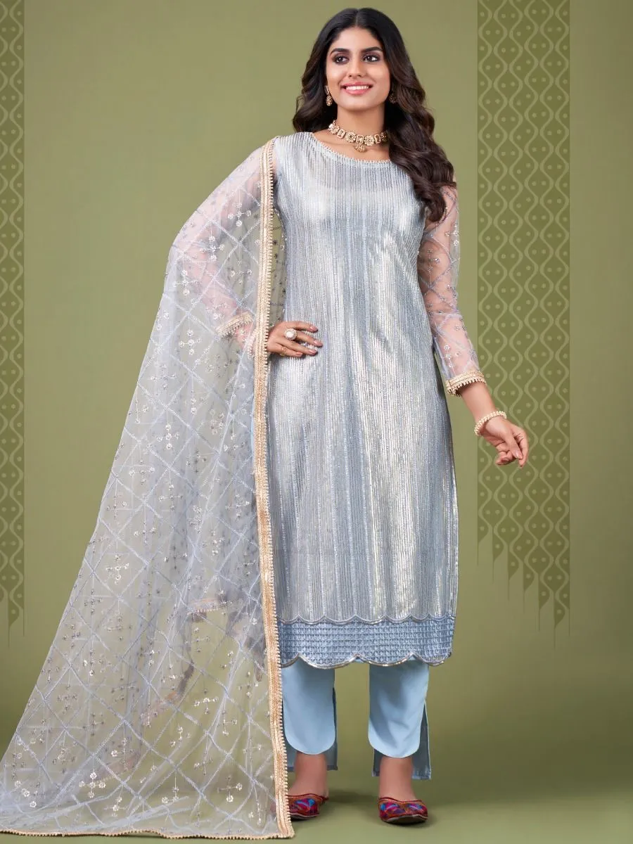 Sky Blue Net Embroidery & Lace Detailing Suit Set with Dupatta