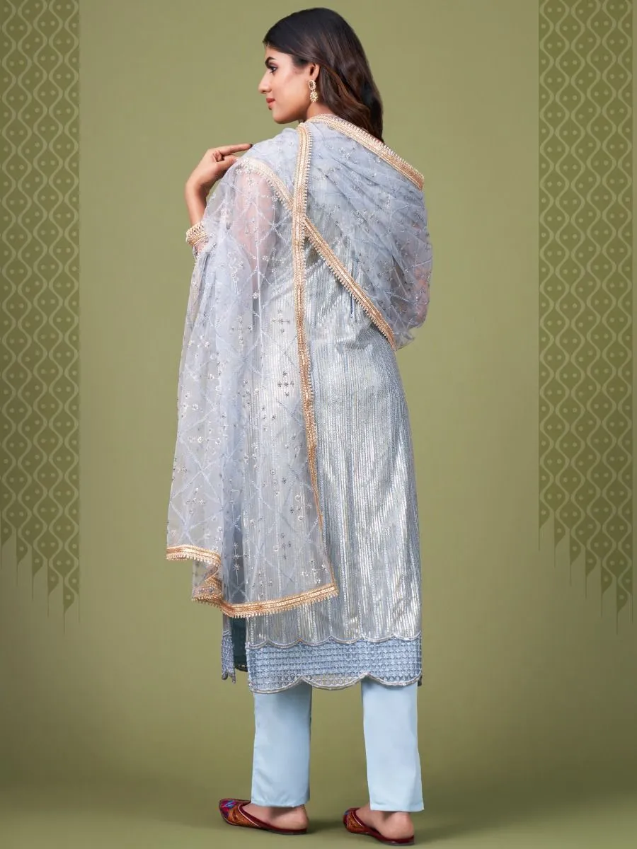 Sky Blue Net Embroidery & Lace Detailing Suit Set with Dupatta