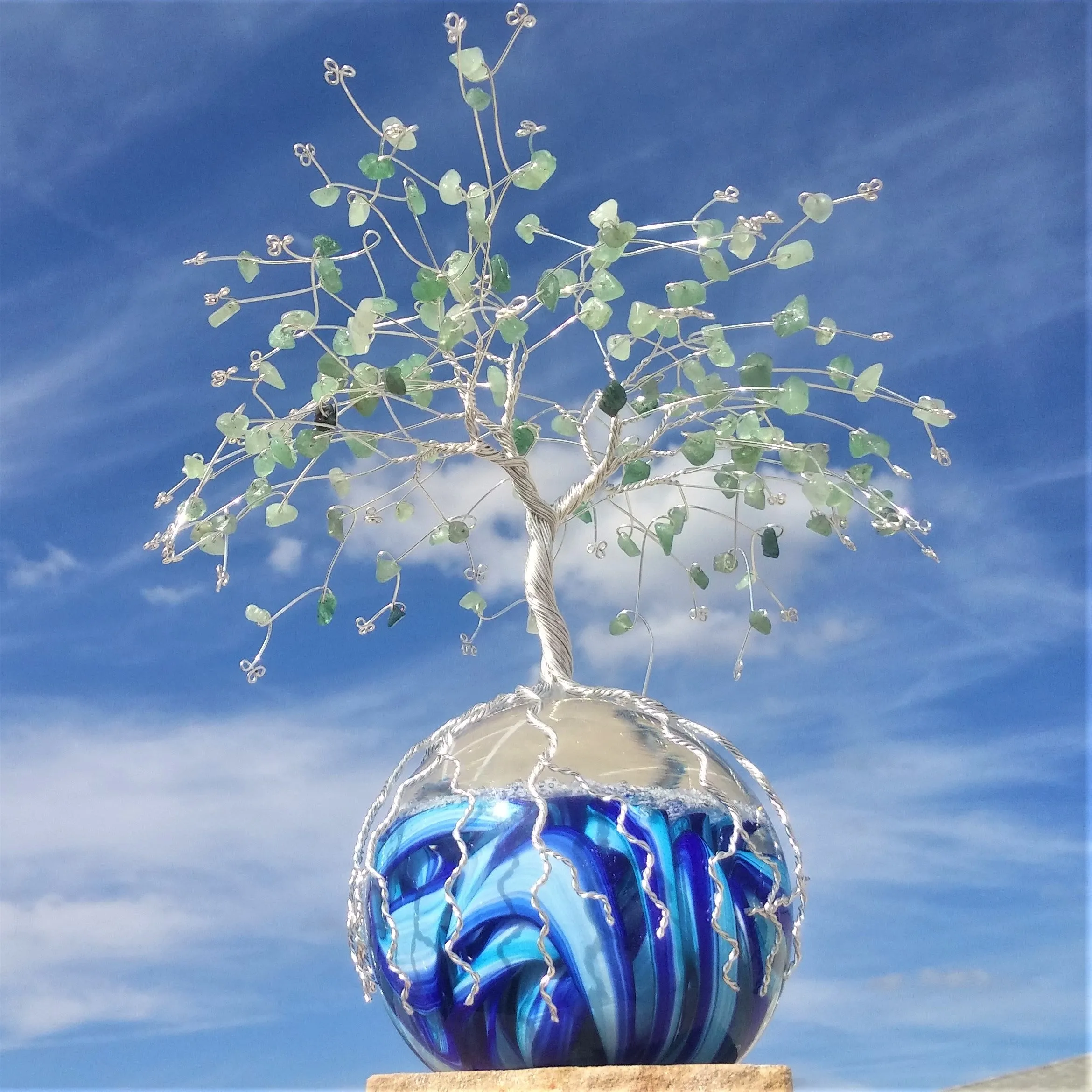 Snowy Mountain Top Tree of Life with Cremains and Aventurine Beading