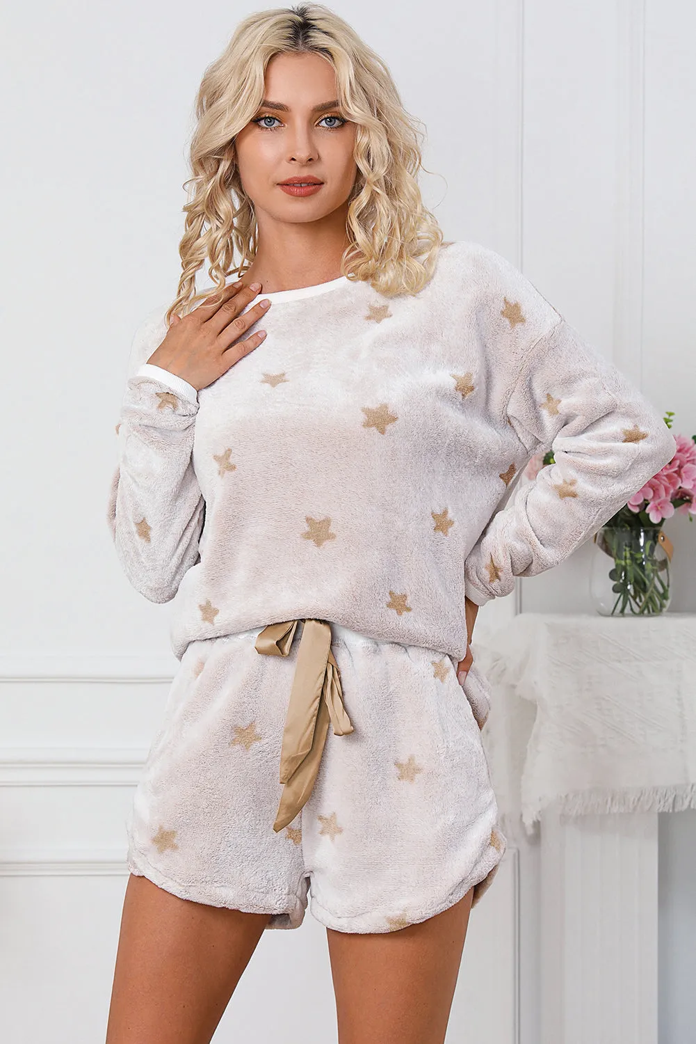 Soft Pajamas Set | White Plush Star Pattern Long Sleeve Pullover and Shorts Lounge Set | Warm Fleece Pajama Set