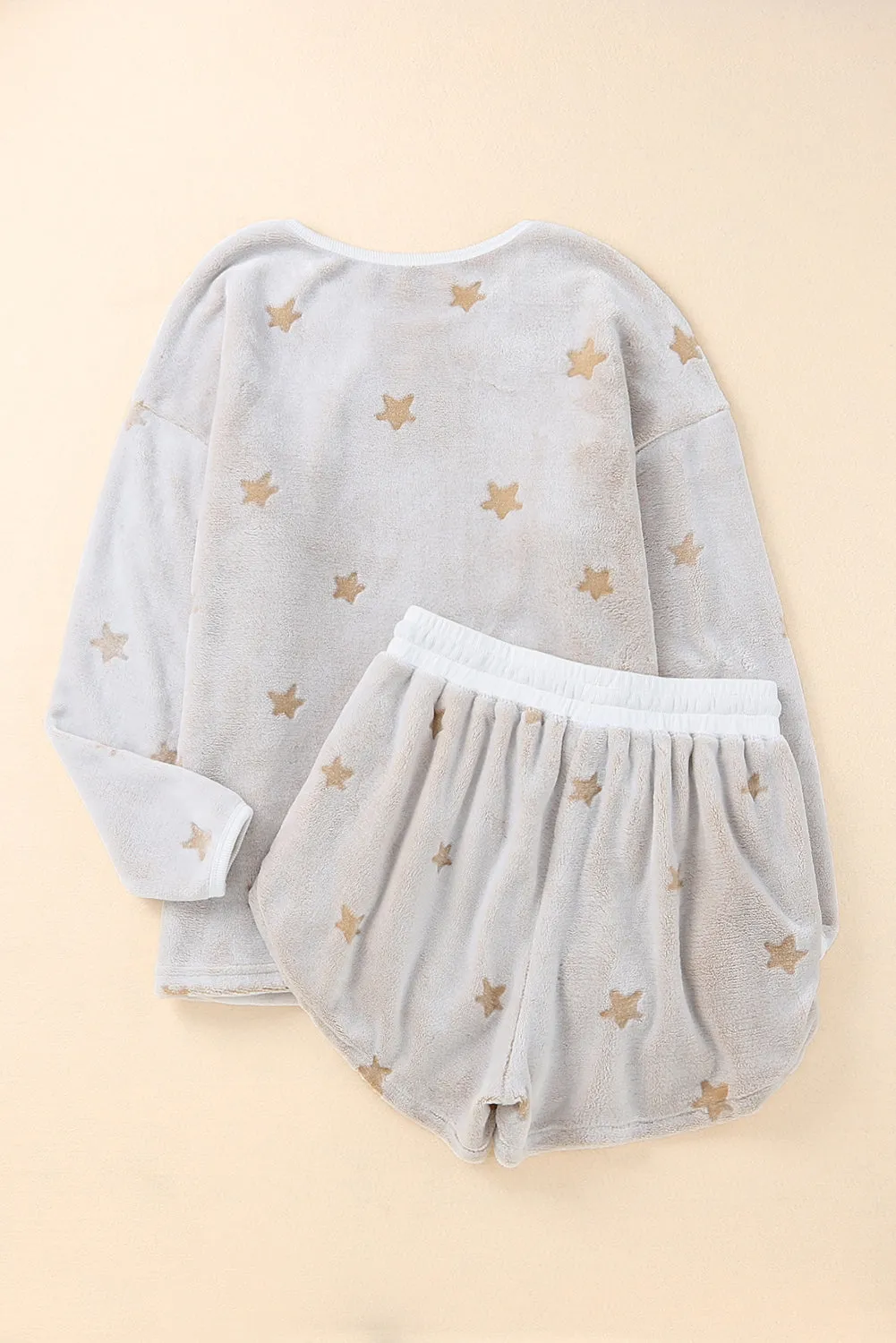 Soft Pajamas Set | White Plush Star Pattern Long Sleeve Pullover and Shorts Lounge Set | Warm Fleece Pajama Set