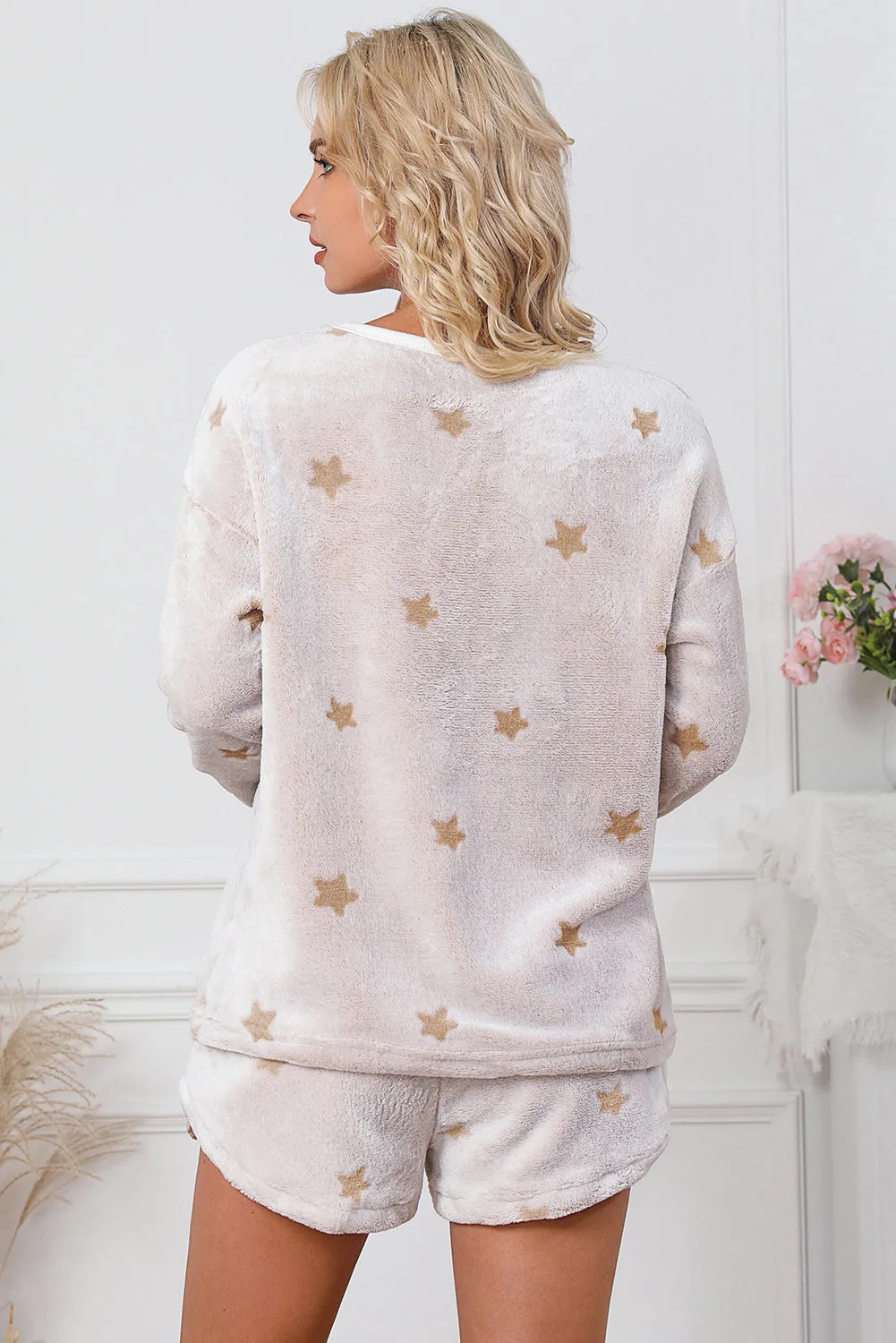 Soft Pajamas Set | White Plush Star Pattern Long Sleeve Pullover and Shorts Lounge Set | Warm Fleece Pajama Set