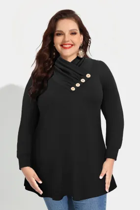 Solid Button Mock Neck Long Sleeve Tunic Shirt