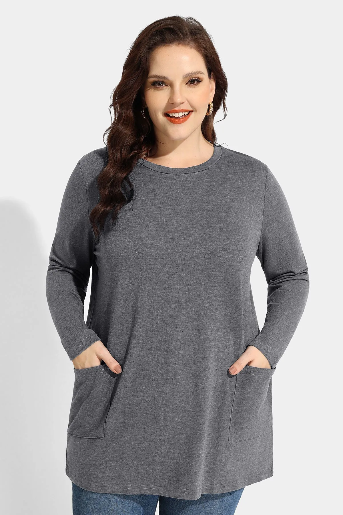 Solid Essential Tunic Pocket Long Sleeve Shirt