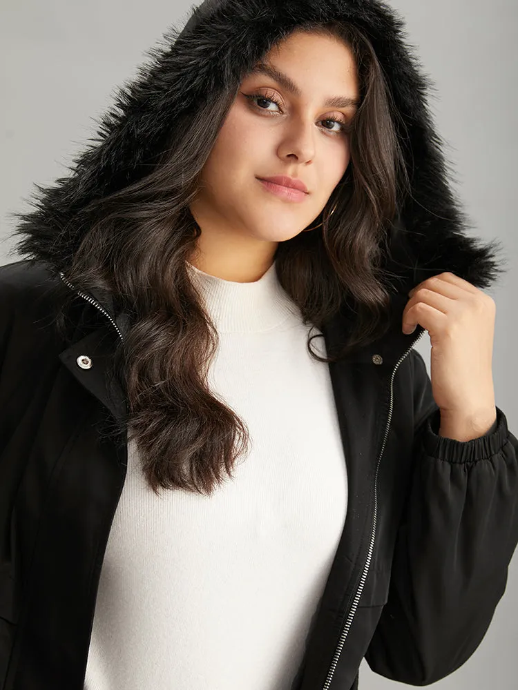 Solid Hooded Drawstring Zipper Fuzzy Trim Coat