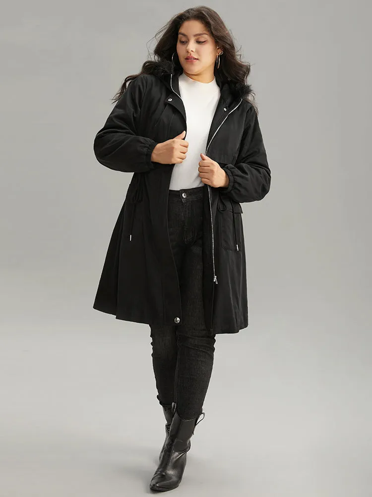 Solid Hooded Drawstring Zipper Fuzzy Trim Coat