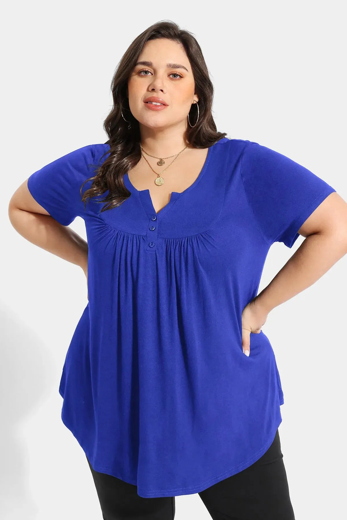 Solid Notched V Neck Pleated Tunic T-Shirt