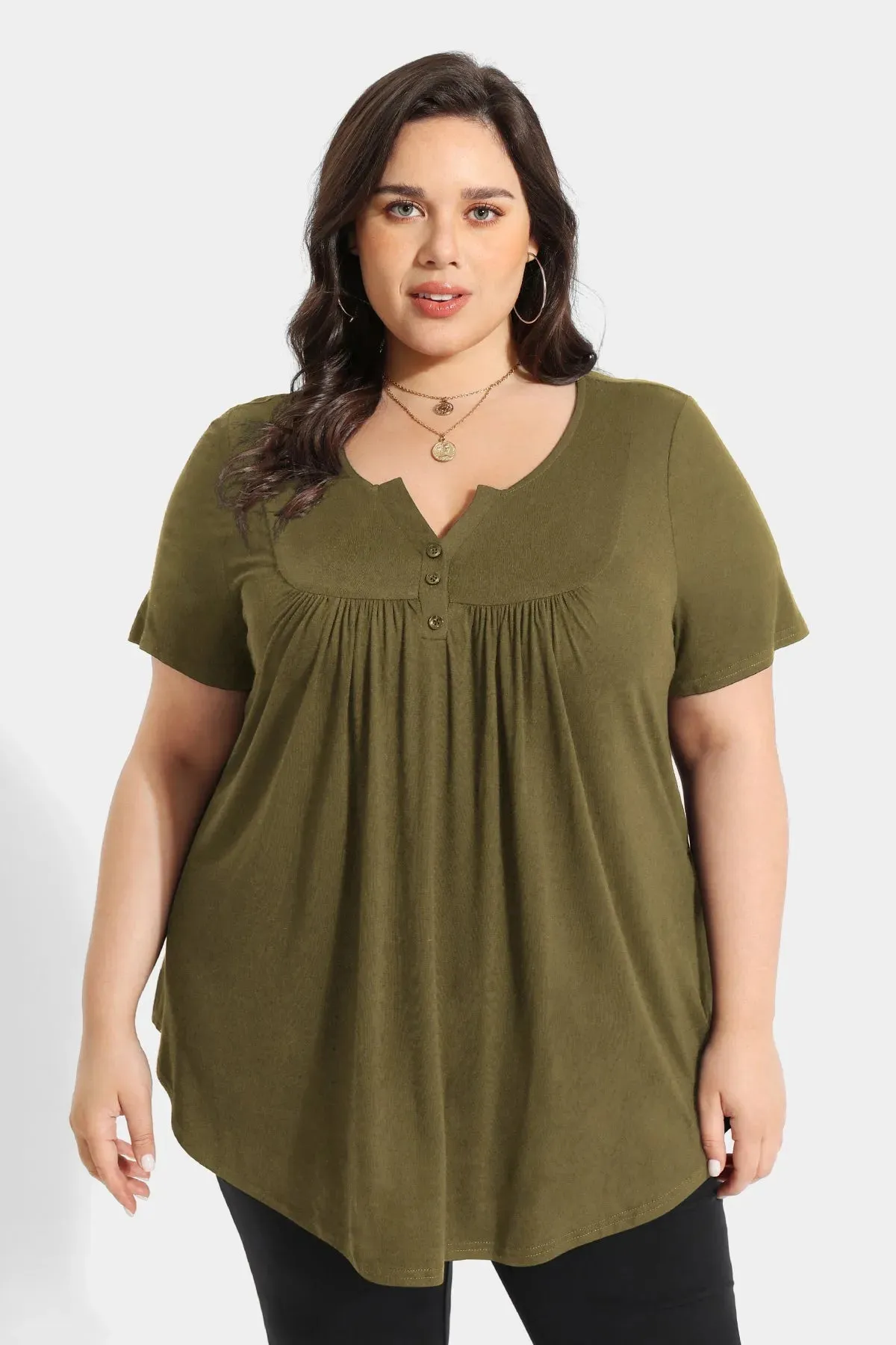 Solid Notched V Neck Pleated Tunic T-Shirt