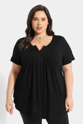 Solid Notched V Neck Pleated Tunic T-Shirt