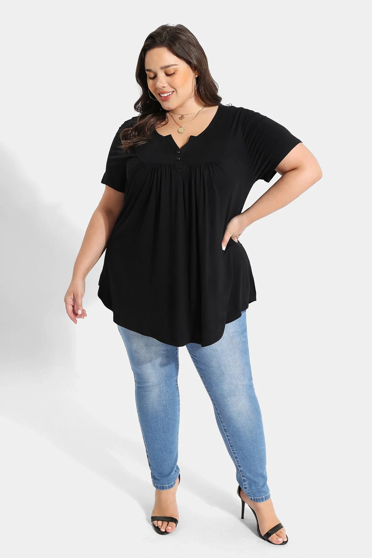 Solid Notched V Neck Pleated Tunic T-Shirt