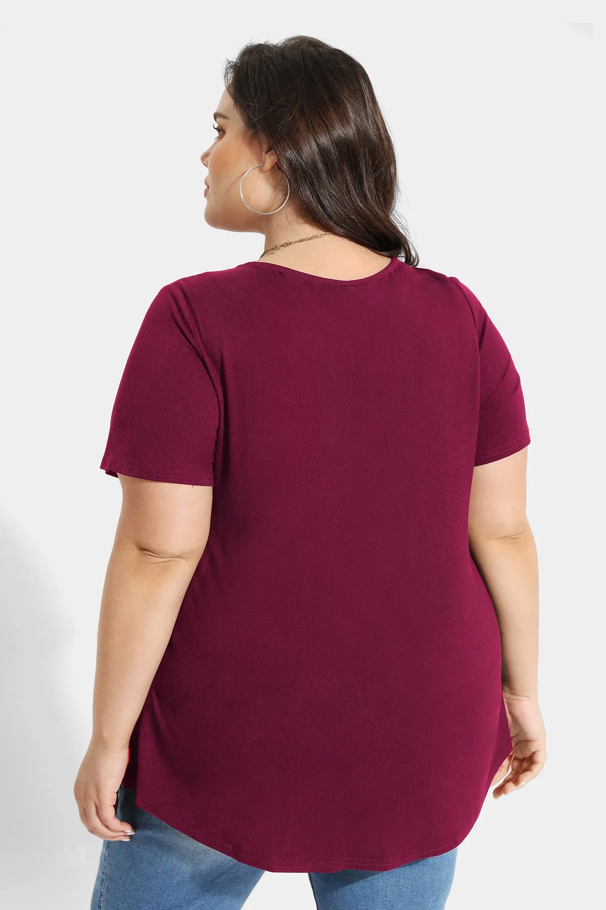 Solid Notched V Neck Pleated Tunic T-Shirt