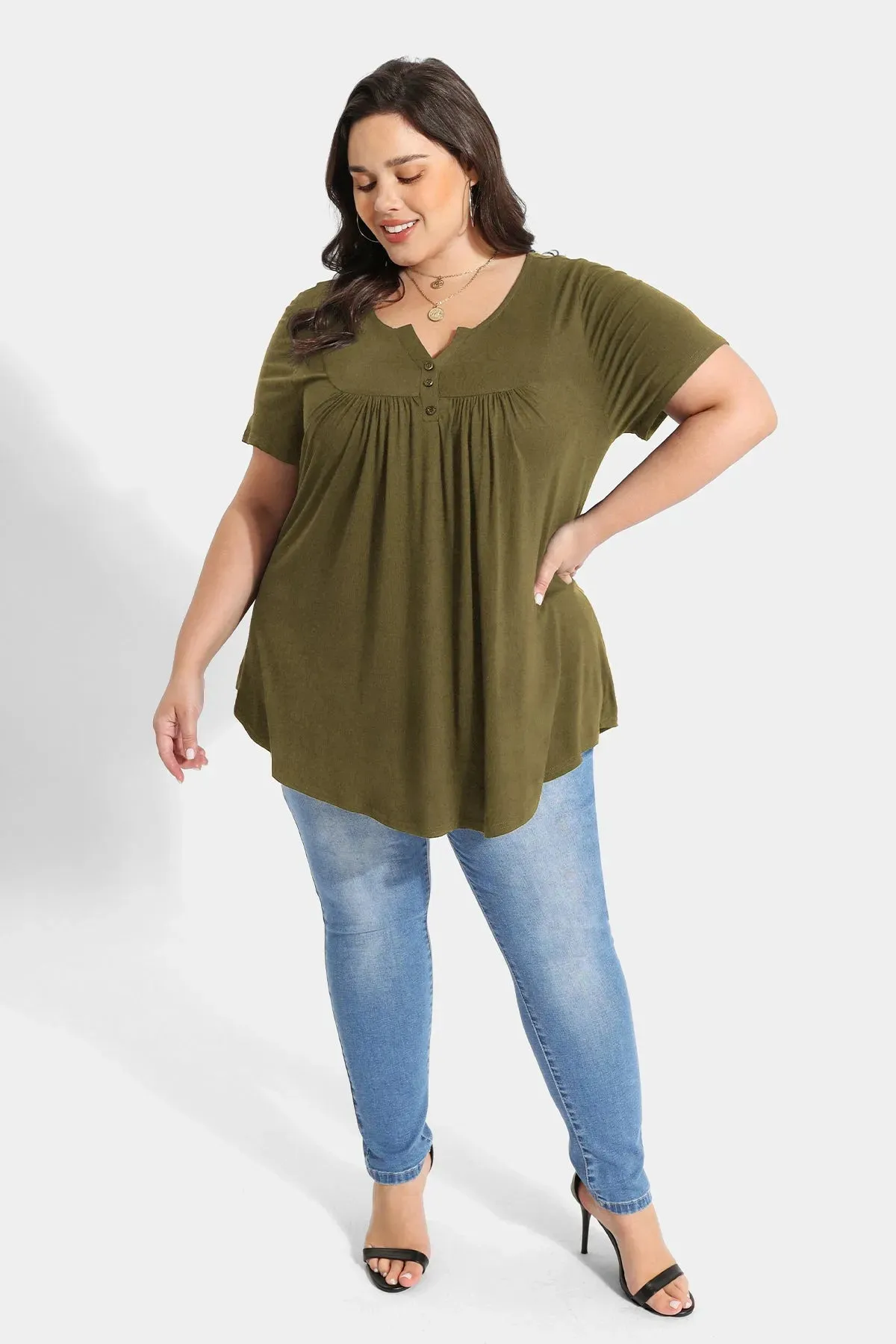 Solid Notched V Neck Pleated Tunic T-Shirt