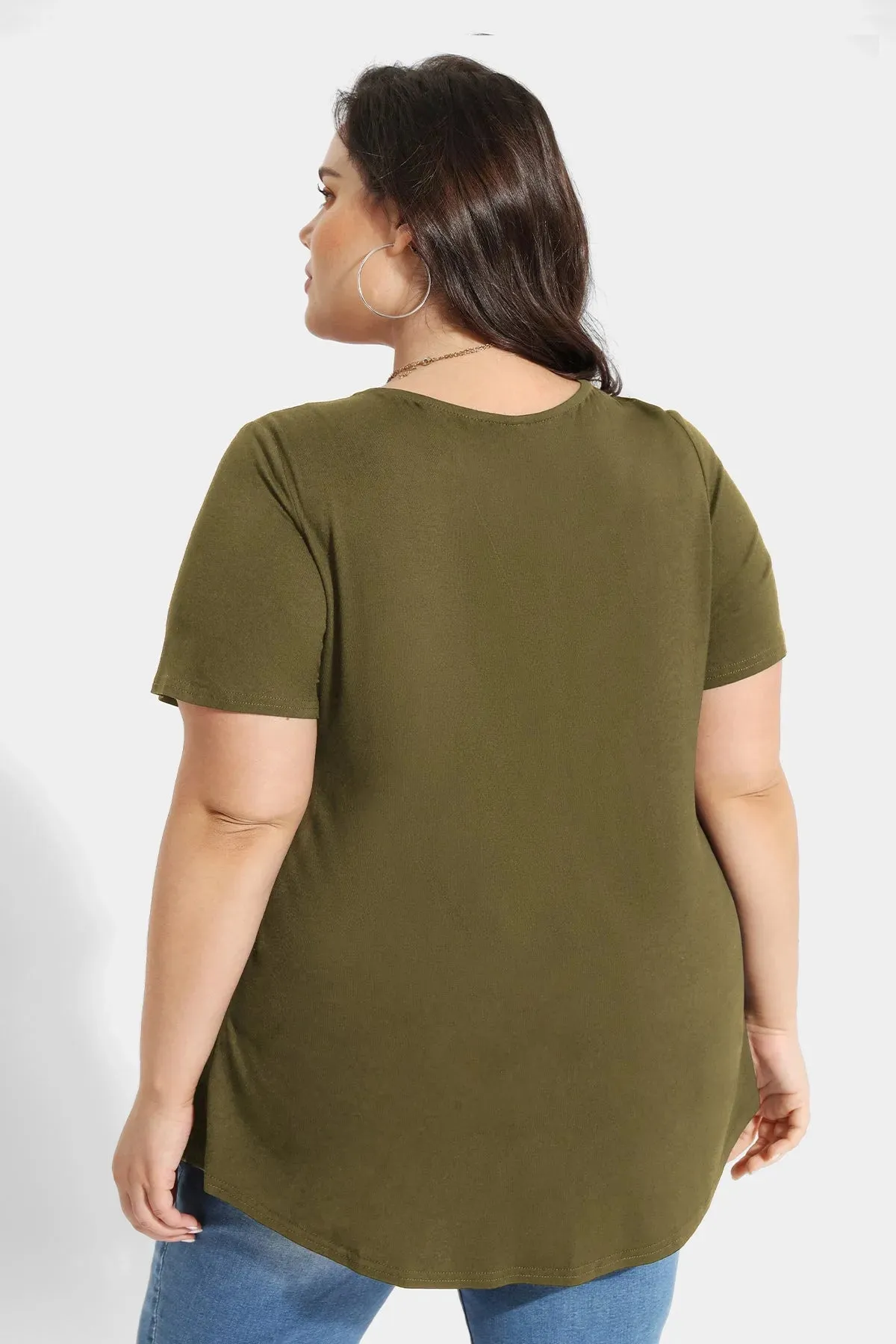 Solid Notched V Neck Pleated Tunic T-Shirt