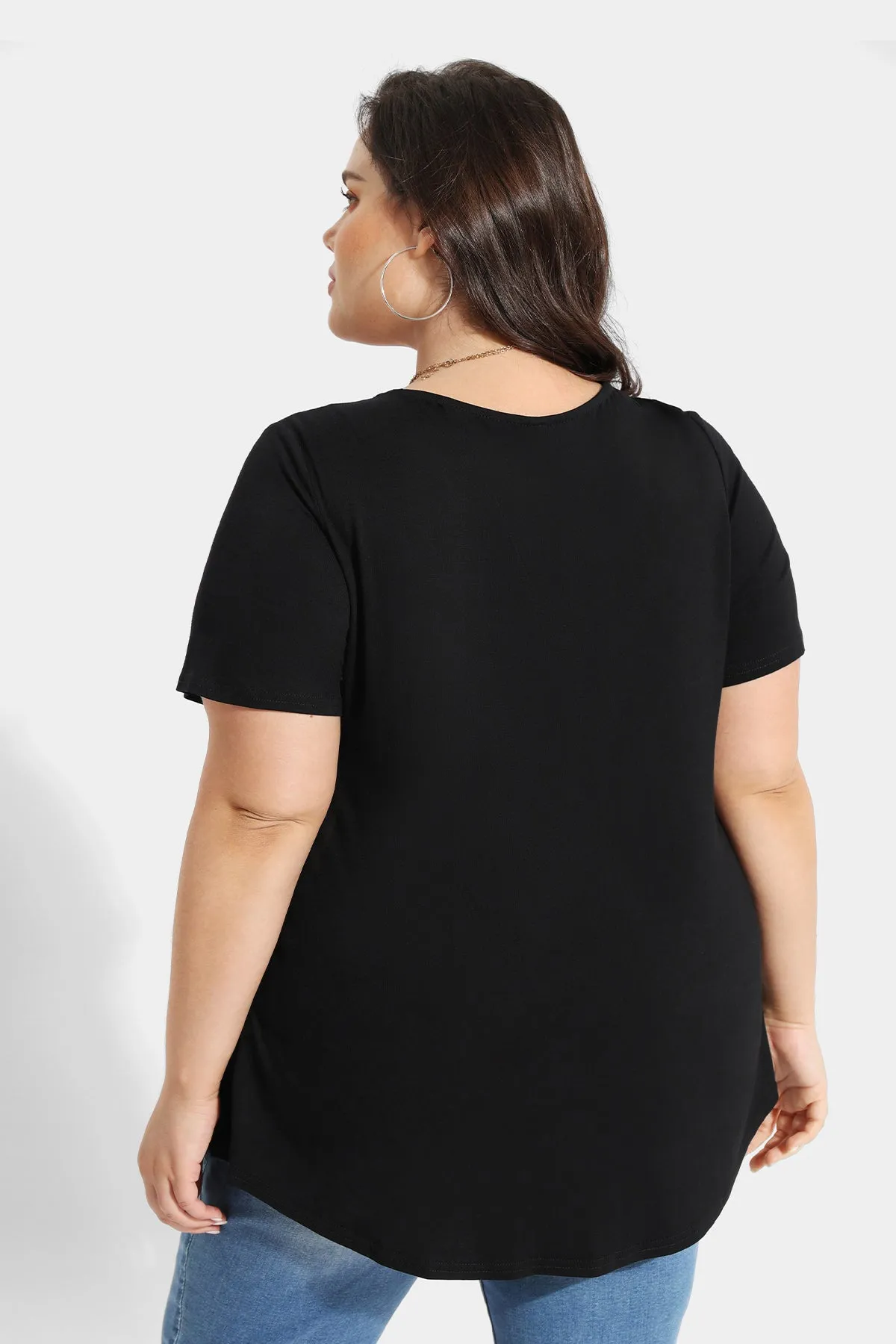 Solid Notched V Neck Pleated Tunic T-Shirt