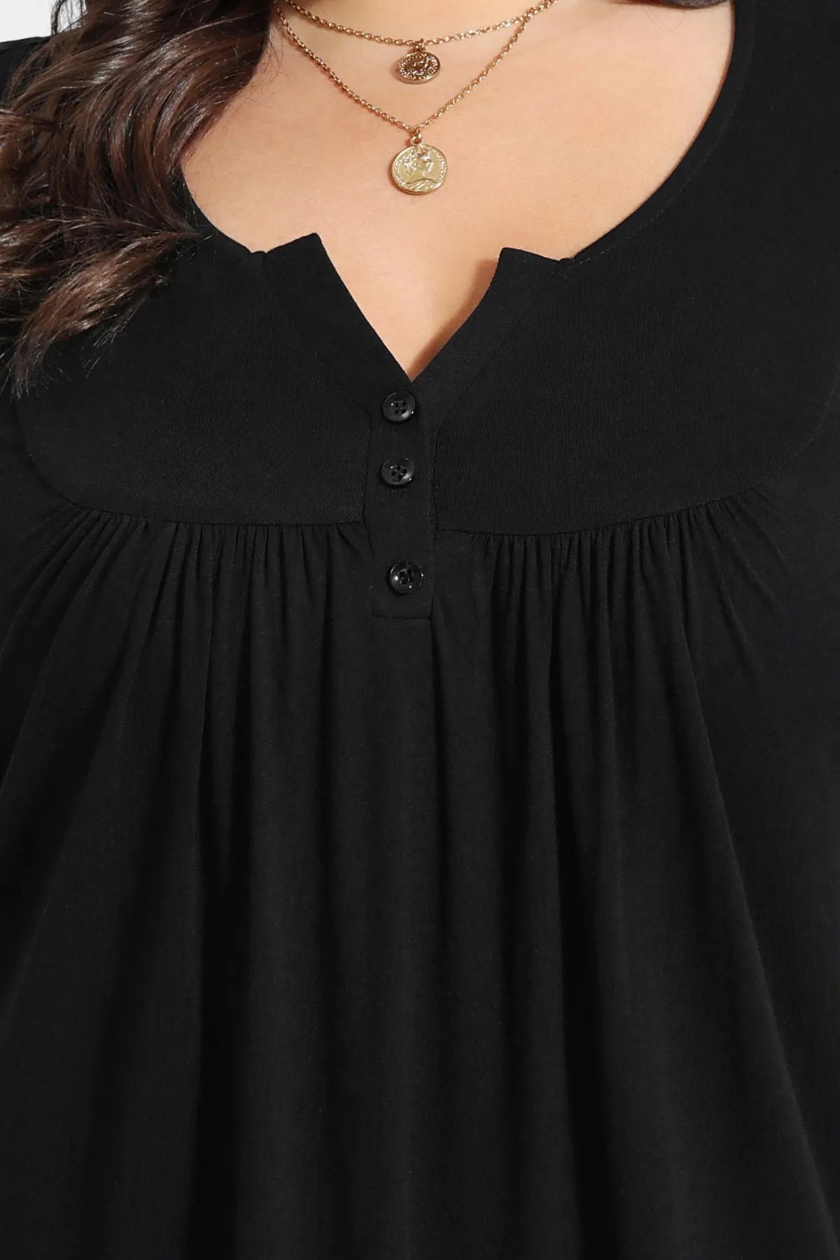 Solid Notched V Neck Pleated Tunic T-Shirt