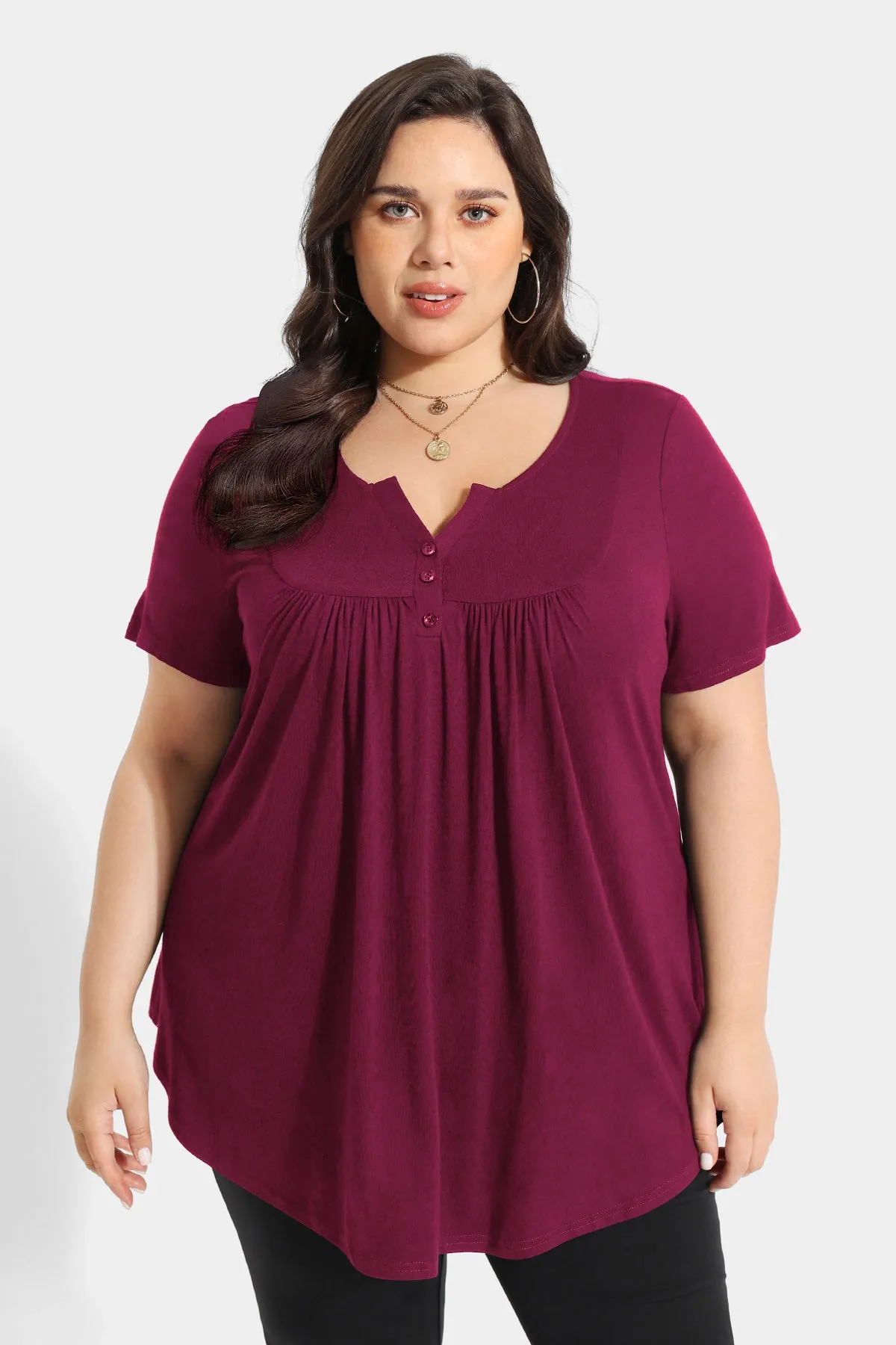 Solid Notched V Neck Pleated Tunic T-Shirt