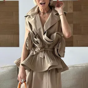 Solid Patchwork Folds Elegant Blouse For Women Lapel Sleeveless Tunic Temperament Spliced Belt Shirt Female Fashion Style