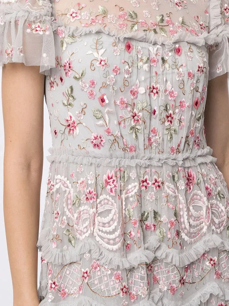 Spliced Floral Embroidery Elegant Dresses For Women Round Neck Short Sleeve High Waist Patchwork Mesh Dress Female Fashion