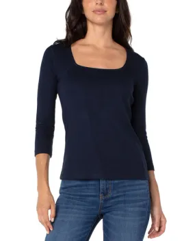 Square Neck 3/4 Sleeve Rib Knit Top - Dark Navy