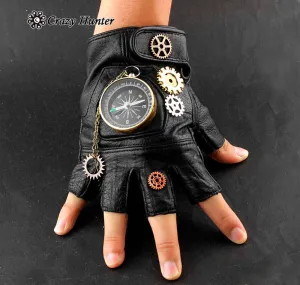 Steampunk Cosplay Compass Gears Fingerless Real Leather Gloves Men/womens