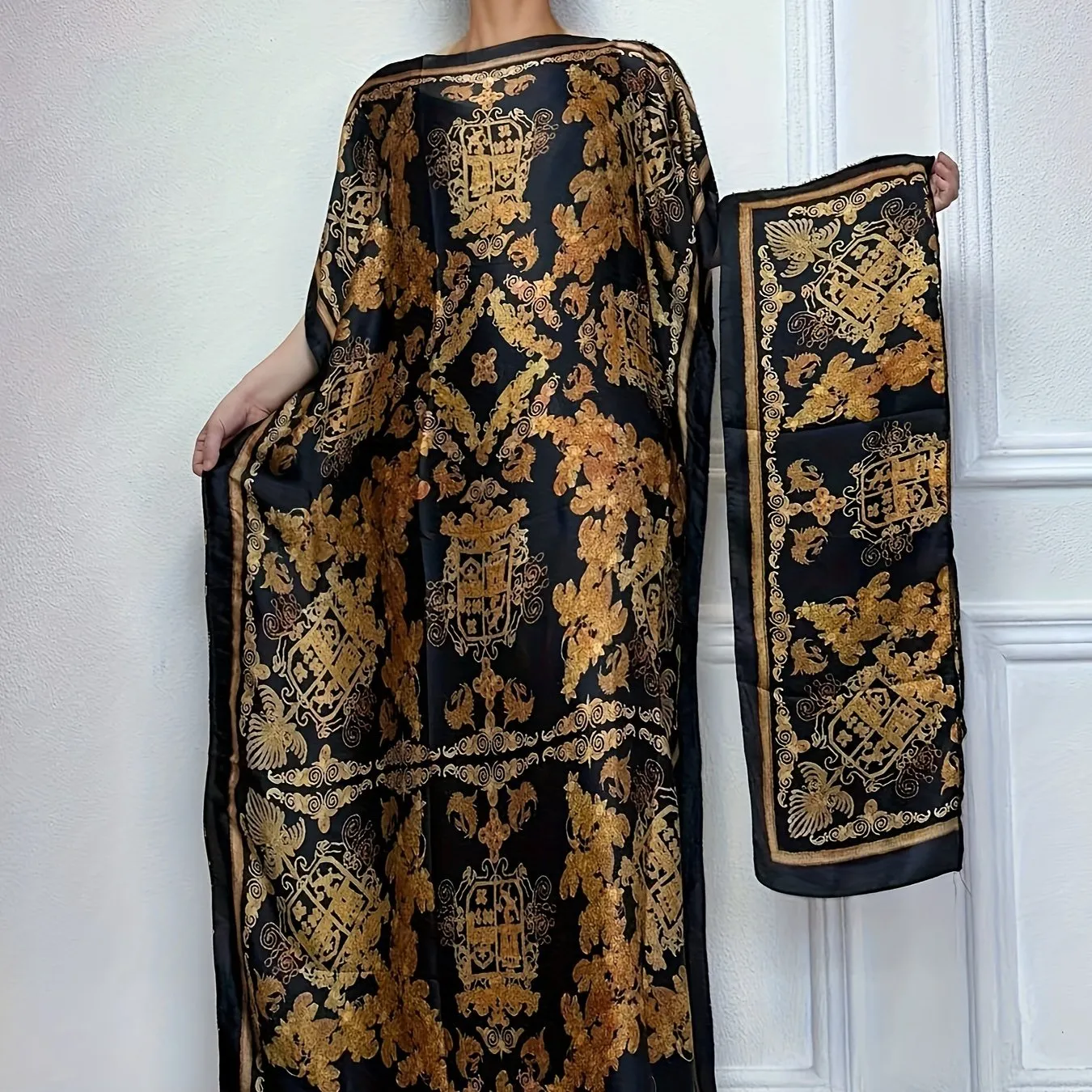 Stunning Floral Print Crew Neck Long Sleeve Maxi Kaftan Dress - Elegant, Loose Fit, Belted, Polyester, All Over Print, Woven, Middle East Style, Spring/Summer/Fall Wear - Womens Clothing, Tunic Dress for Casual Occasions